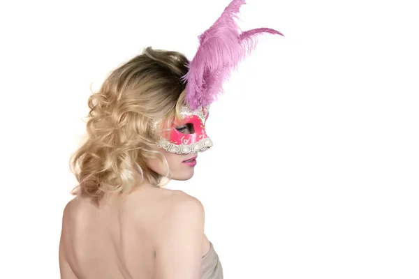 Mujer Máscara Carnaval Con Plumas Sobre Fondo Blanco — Foto de Stock