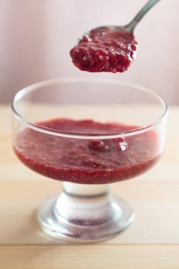 Ahududu reçeli cam tabağa konur..