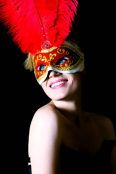 Portrait Woman Carnival Mask Large Bird Feathers — Stock Photo, Image