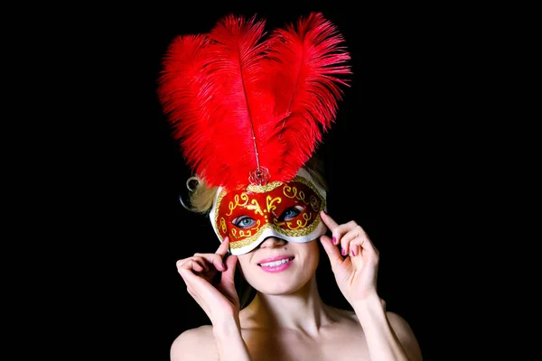 Portrait Woman Carnival Mask Large Bird Feathers — Stock Photo, Image