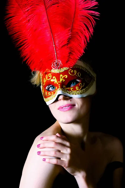Portrait Woman Carnival Mask Large Bird Feathers — Stock Photo, Image
