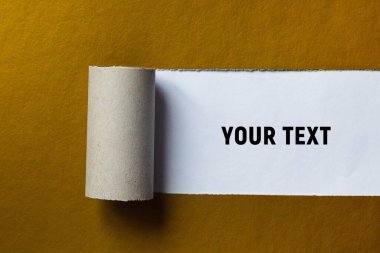 Yırtık bir parça altın kahverengi kağıt rulo haline getirilir. Uzayı kopyala Metin için yer