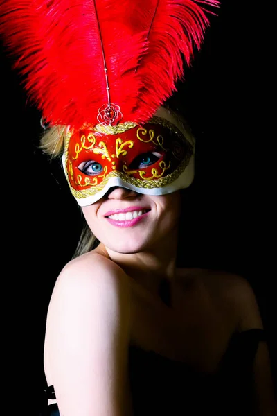 Red Carnival Mask Lush Feathers Blond Woman — Stock Photo, Image