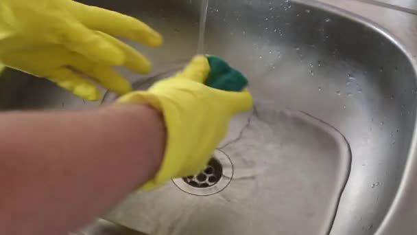 Man Washes Mctallic Sink Plumbing Kitchen — Stock Video