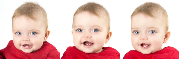 Małe Dziecko Dużymi Oczami Pięknym Uśmiechem Białym Tle Kolaż — Zdjęcie stockowe