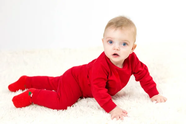 Small Child Red Clothes Crawls Floor — Stock Photo, Image