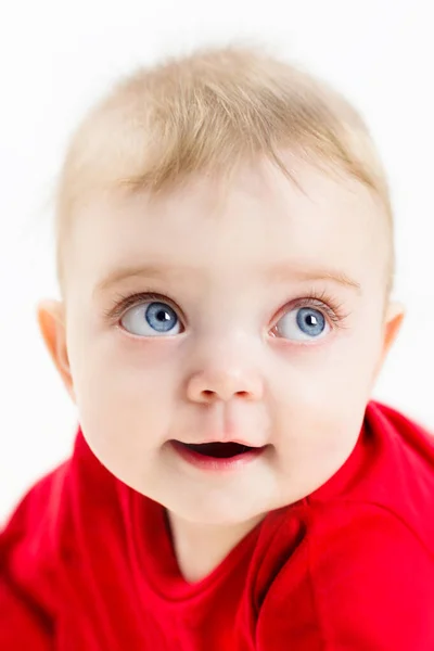 Rosto Uma Linda Criança Com Olhos Azuis Pestanas Longas Close — Fotografia de Stock