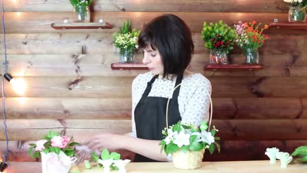 Morena Florista Flor Negócio Envolve Flores Plástico — Vídeo de Stock