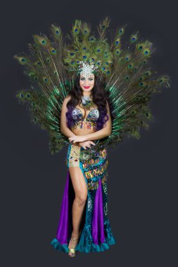 İzole edilmiş siyah bir arka planda, kuş tüylerinden oluşan lüks bir kıyafetin içindeki ulusal dansçı..