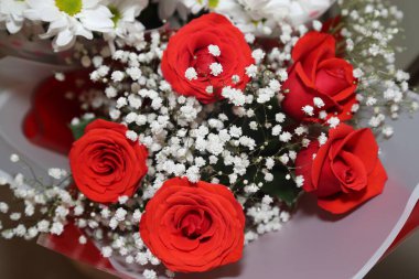 Bir buket kırmızı gül ve beyaz kasımpatı. Yakın plan..