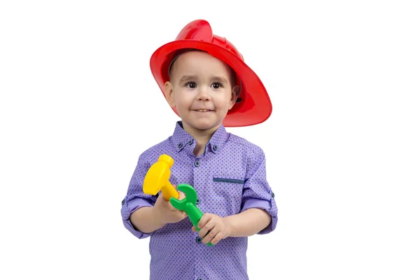 Niño Años Casco Con Herramientas Construcción Las Manos — Foto de Stock