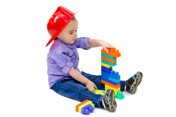 Niño Juega Constructor Con Constructor Sentado Suelo —  Fotos de Stock