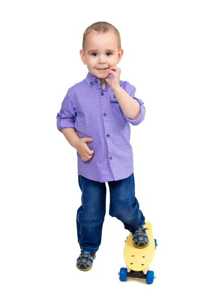 Chlapec Košili Džínách Stojí Skateboardu Izolované — Stock fotografie