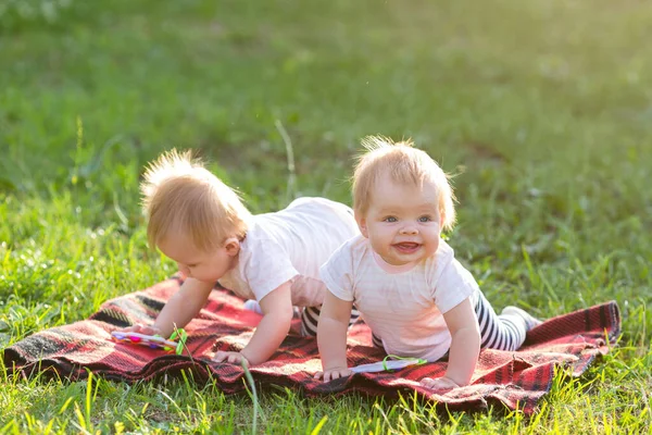 Bambine Gemelle Nel Parco Della Città Estate Strisciano Una Coperta — Foto Stock