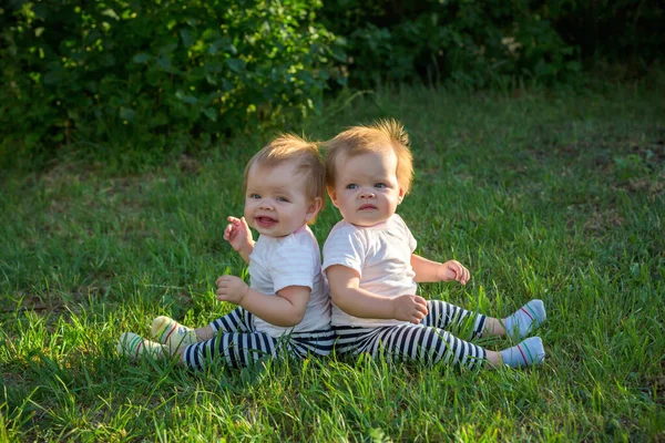 Two Twins Sit Backs Leaning Green Grass City Park — Stock Photo, Image