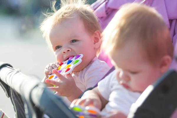 Crianças Gêmeas Sentam Uma Carruagem Bebê Com Brinquedos Suas Mãos — Fotografia de Stock