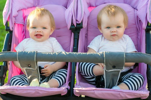 Two Beautiful Little Twin Babies Portrait Baby Carriage — Stock Photo, Image