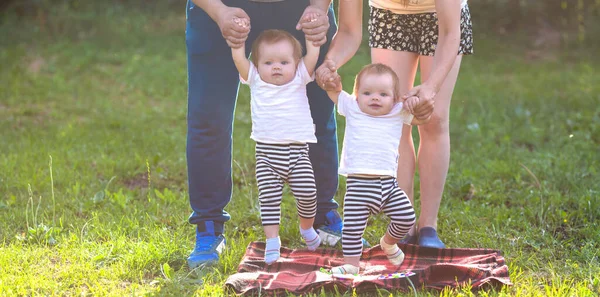 Les Parents Promenade Avec Leurs Jumeaux Dans Parc Ville — Photo