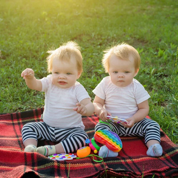 Meninas Gêmeas Brincam Com Brinquedos Brilhantes Cobertor Parque Cidade — Fotografia de Stock