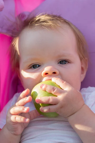 Bebek Arabasında Oturan Küçük Bir Kız Büyük Bir Iştahla Elma — Stok fotoğraf