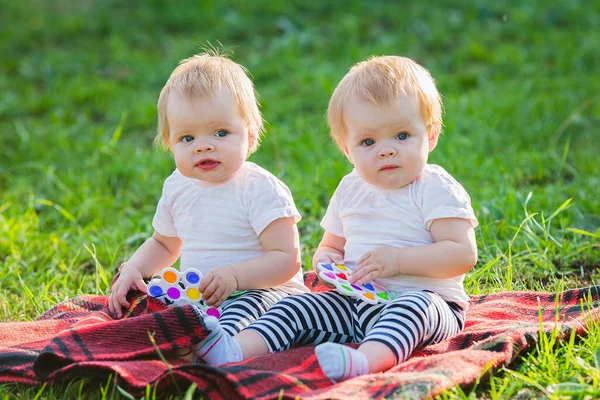 Duas Meninas Gêmeas Brincam Com Brinquedos Coloridos Cobertor Dia Ensolarado — Fotografia de Stock