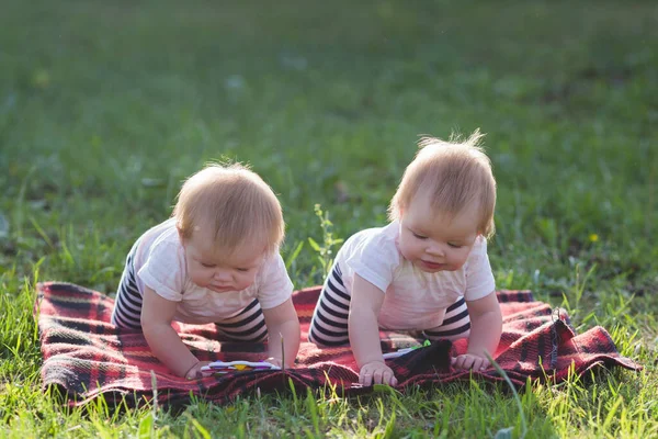 Dos Niños Meses Arrastran Una Manta Plaza —  Fotos de Stock