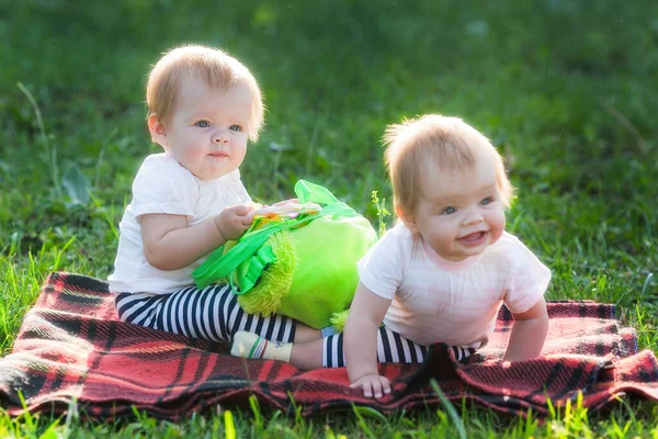 Dos Niños Día Soleado Verano Césped Con Una Mochila Para —  Fotos de Stock