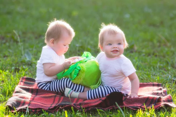 여름날 어린이 아이들의 가방을 잔디밭에 — 스톡 사진
