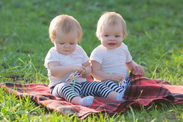Duas Meninas Idênticas Cobertor Parque Olham Surpresa Para Distância Segurando — Fotografia de Stock