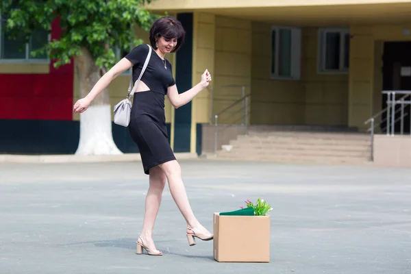 Dismissed Woman Happily Kicks Her Box Personal Belongings Concept Saying — Stock Photo, Image