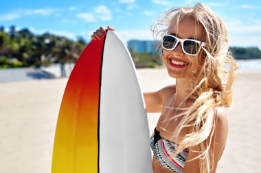 Summer Travel Beach Vacation. Happy Woman With Surfboard. Summer