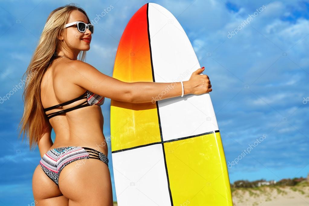 Fitness Girl. Summer Water Sports. Surfing. Sexy Woman With Surfboard