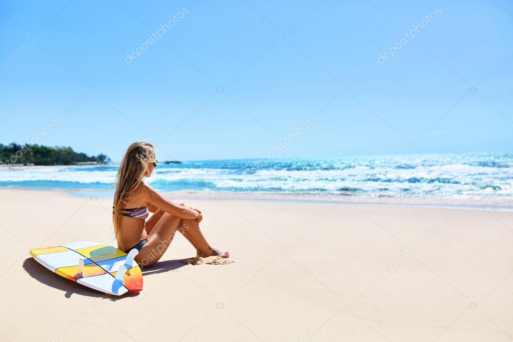 Vacation Travel. Surfer Woman Summer Beach Relax. Surfboard