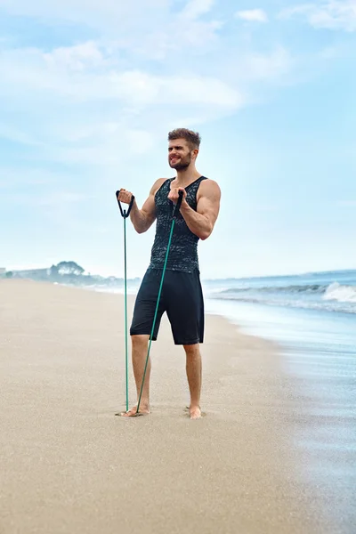 Man Exercising, Doing Fitness Exercises Outdoor On Beach. Sport — Stok fotoğraf