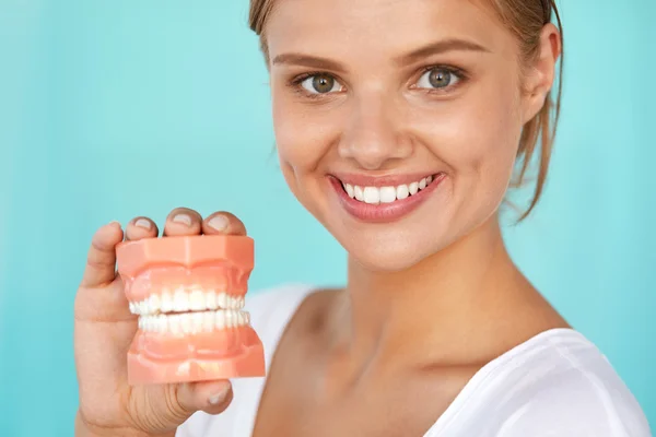 Mujer con hermosa sonrisa, dientes sanos sosteniendo modelo dental — Foto de Stock