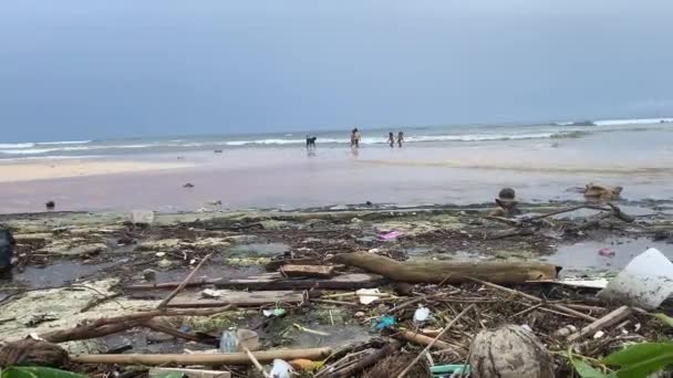 Niños y perros jugando en la playa del océano desperdiciado en Indonesia. Los niños atrapan olas después de la tormenta y se divierten en la costa cubierta con plástico, basura, basura y basura sólida. — Vídeo de stock