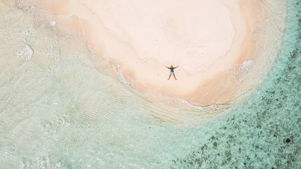 Aerial View Man Lying Sandy Beach Turquoise Sea Kri Island — Stock Photo, Image