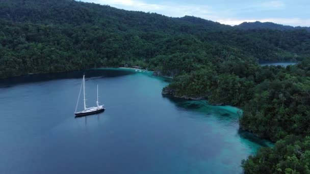 Vista aérea da baía de Tritão: Barco no mar azul-turquesa e árvores tropicais verdes nas ilhas Kaimana. Amplo ângulo natureza; Oceano Pacífico e paisagem pitoresca em Papua, Indonésia. — Vídeo de Stock