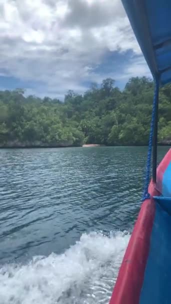 Barco Splashing Superfície Água Aproximando Terras Tropicais Selvagens Kaimana Island — Vídeo de Stock