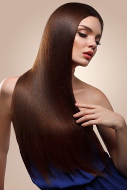 Hair. Portrait of Beautiful Woman with Long Brown Hair. High qua clipart