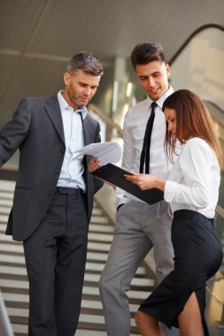 Belgeler ve fikirleri tartışmak iş adamları. İş takım