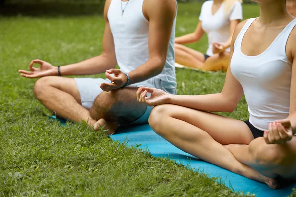 Yogaklass. Grupp människor mediterar på sommaren Park — Stockfoto