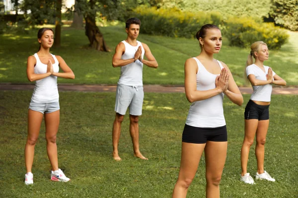 Clase de yoga. Grupo de personas que meditan en el parque de verano —  Fotos de Stock