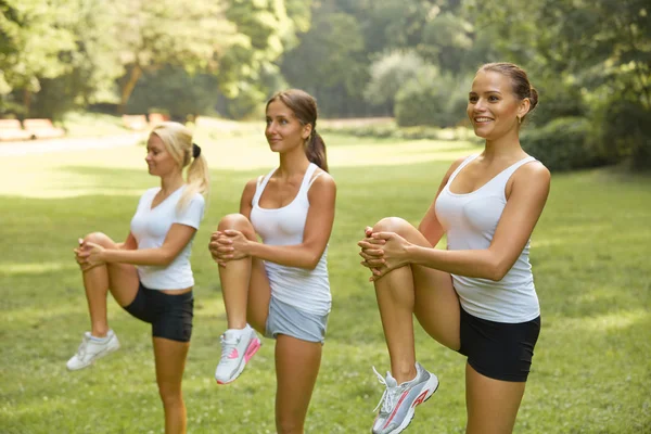 Clase de fitness. Hermosas mujeres jóvenes haciendo ejercicio en verano pa — Foto de Stock