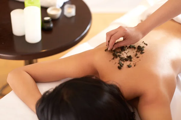 Spa Woman. Brunette Getting a Marine Algae Wrap Treatment in Spa — Stock Photo, Image