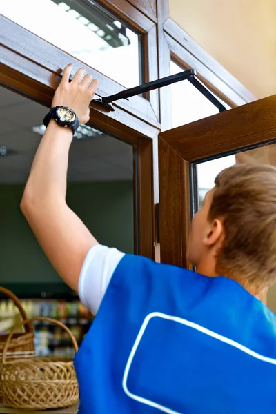 Portrait Young Male Carpenter Repairing Door Window — Stock Photo, Image