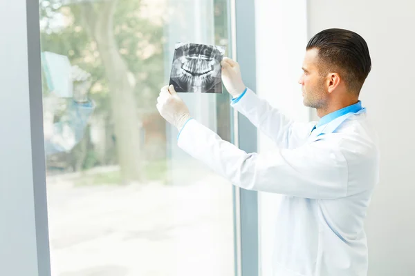 Médecin dentiste regardant les rayons X à l'hôpital . — Photo