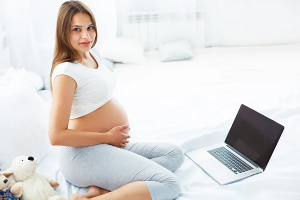 Pregnant Woman With Laptop Computer. Beautiful Pregnant Woman Wo