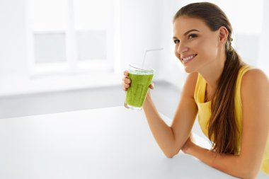 Healthy Lifestyle. Woman Drinking Detox Juice. Diet, Eating. Vegetarian Food.