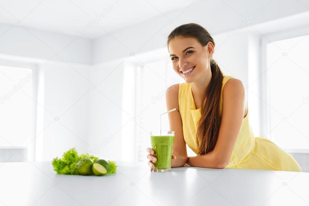 Healthy Meal. Woman Drinking Detox Smoothie. Lifestyle, Food. Drink Juice.